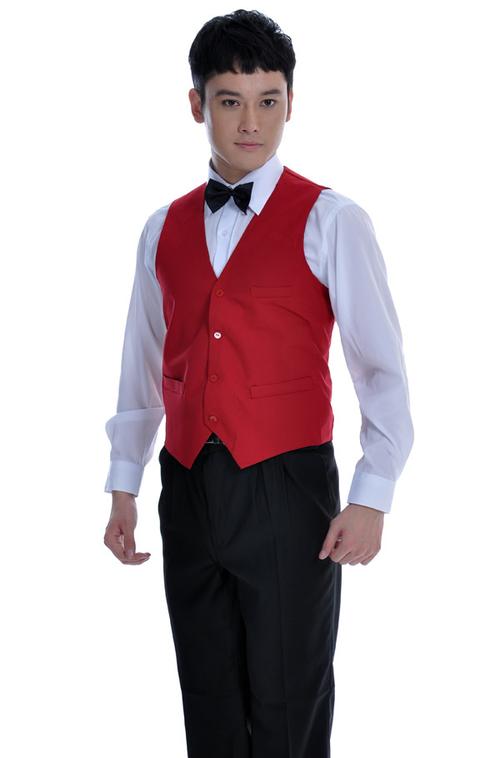 红色马甲男款西餐厅服务员制服图片